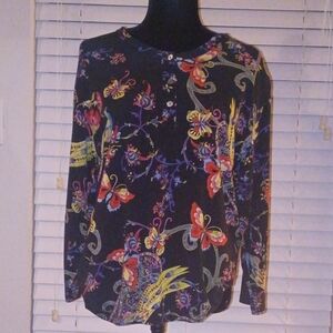 Johnny Was Black Long-Sleeve Top with Multicolor Floral & Butterfly Print